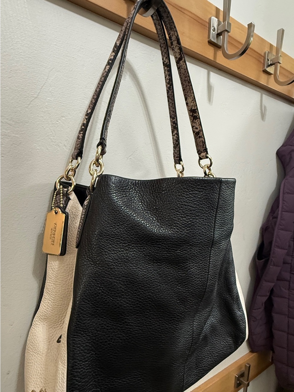 Coach Two-Tone Pebbled Leather Shoulder Bag in Black & Cream